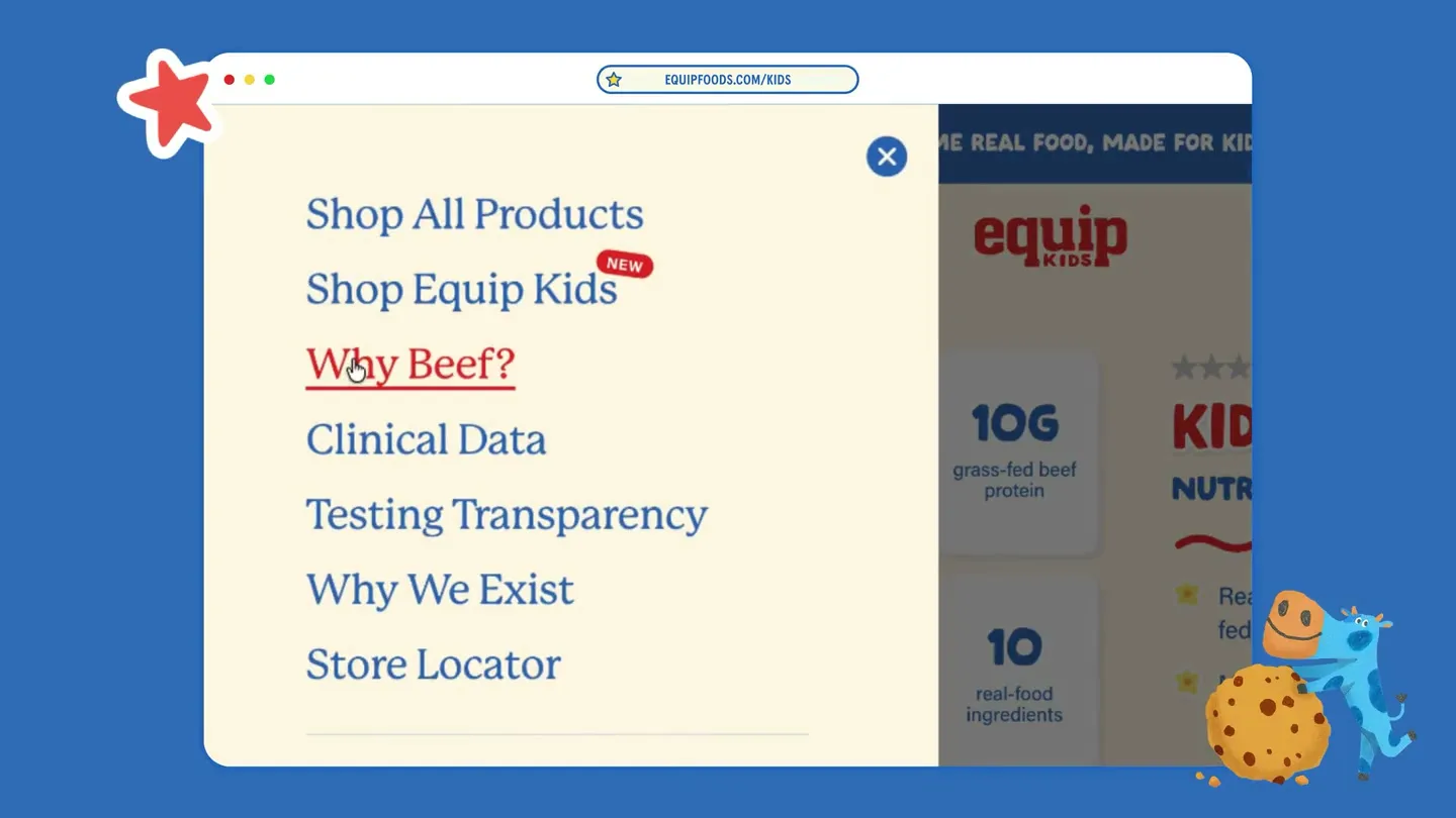 The Equip Kids navigation menu open over the store, with Shop Equip Kids marked new