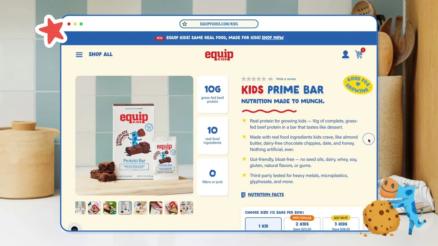 The Kids Prime Bar product page on equipfoods.com/kids