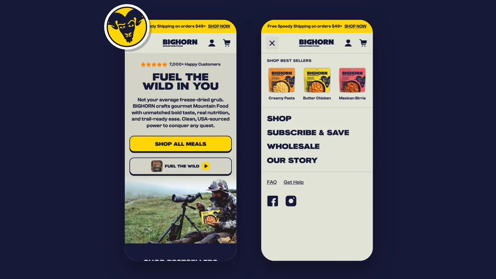 Bighorn phone home screen next to the open mobile menu with best sellers
