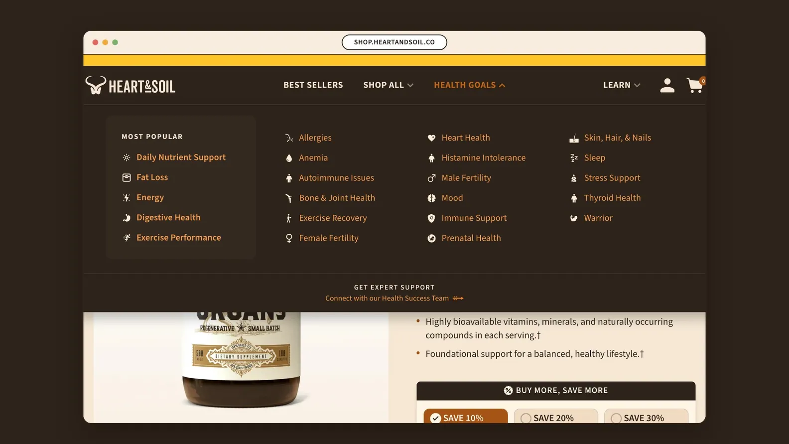 Heart & Soil Health Goals menu open