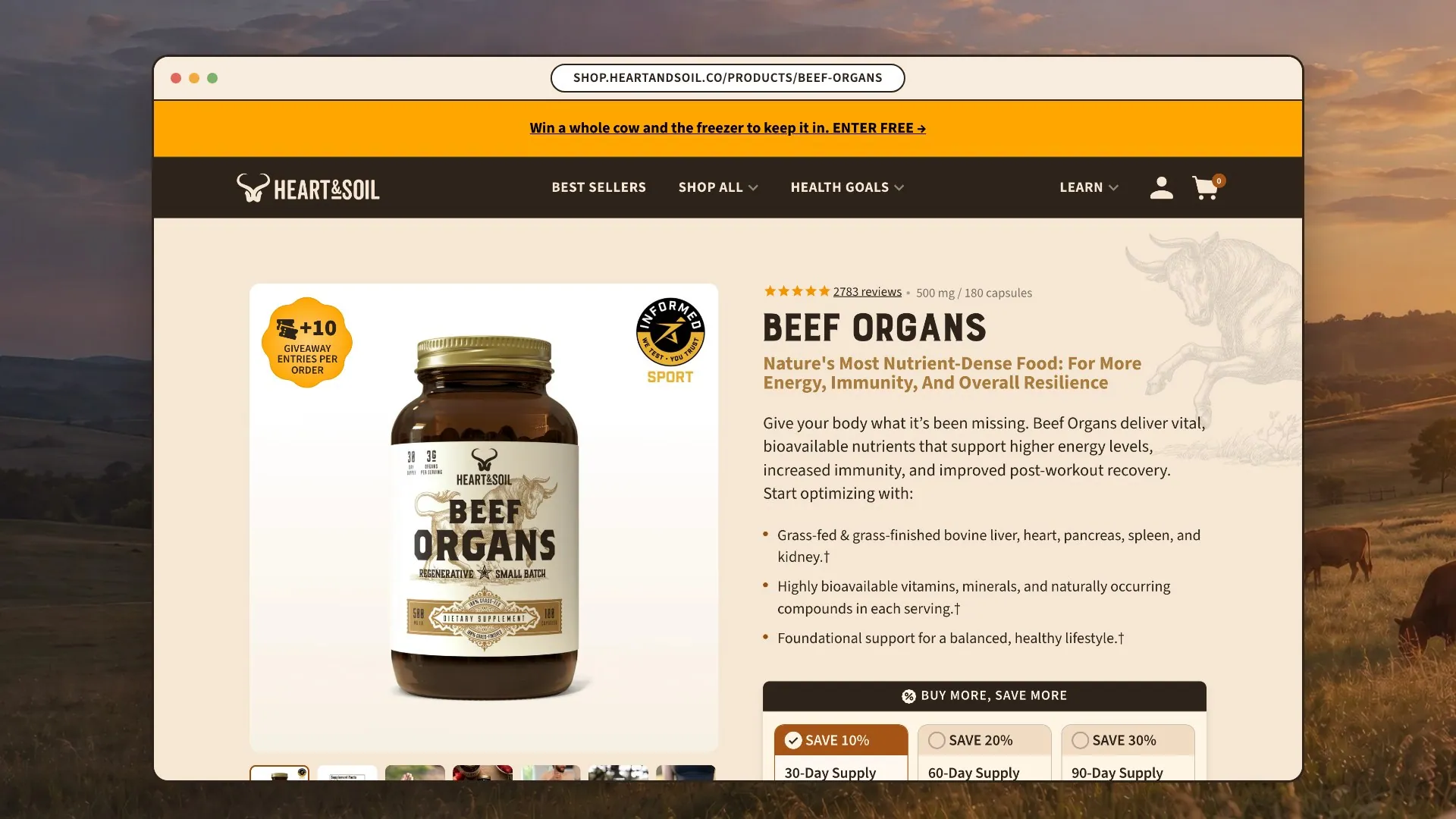 Heart & Soil Beef Organs product page with the Subscribe & Save buy box
