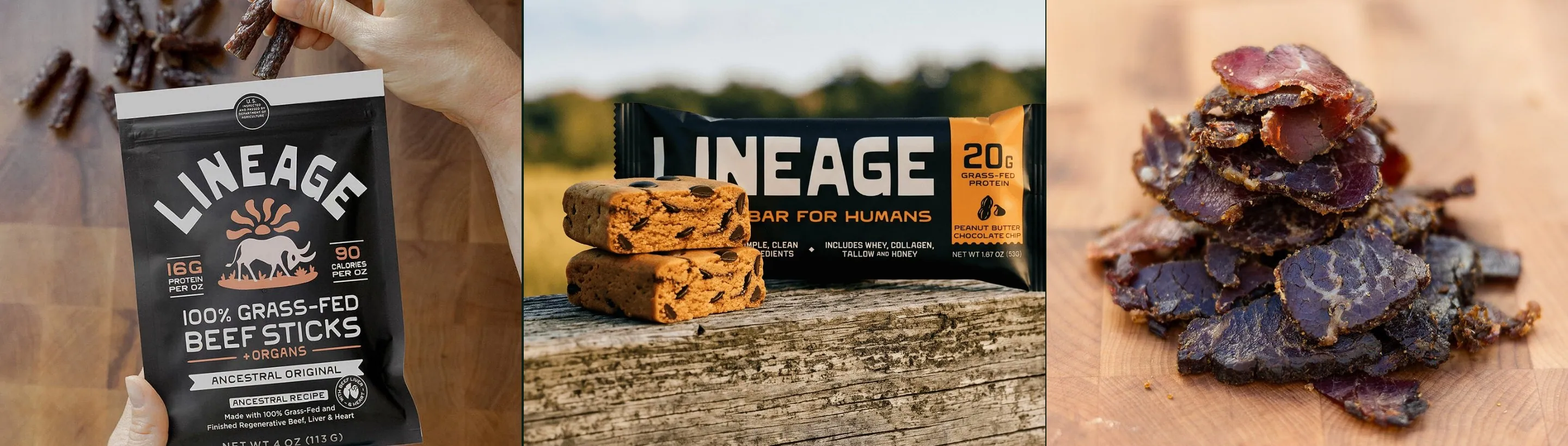 Lineage beef sticks, protein bar and air-dried steak side by side
