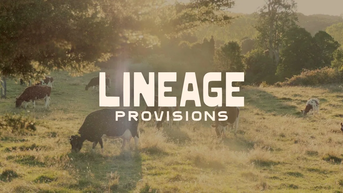 Lineage logo over a pasture photo