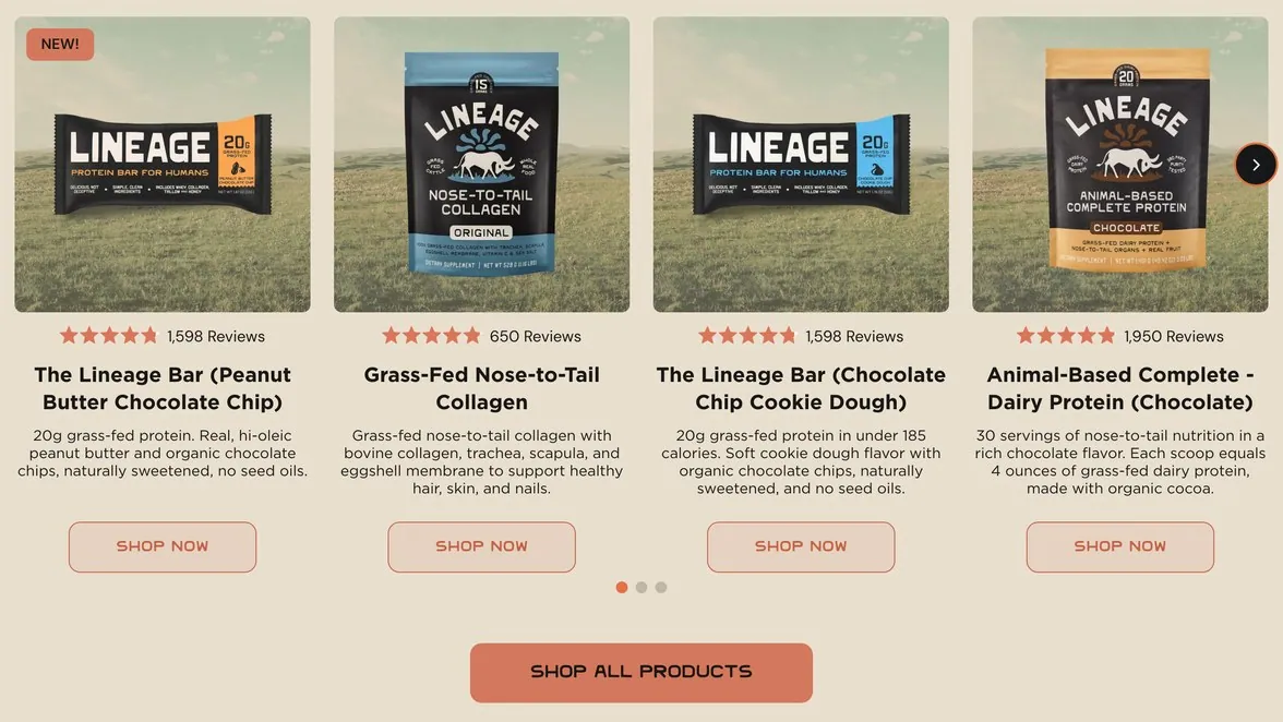 Lineage bestseller row, four packs on pasture backgrounds