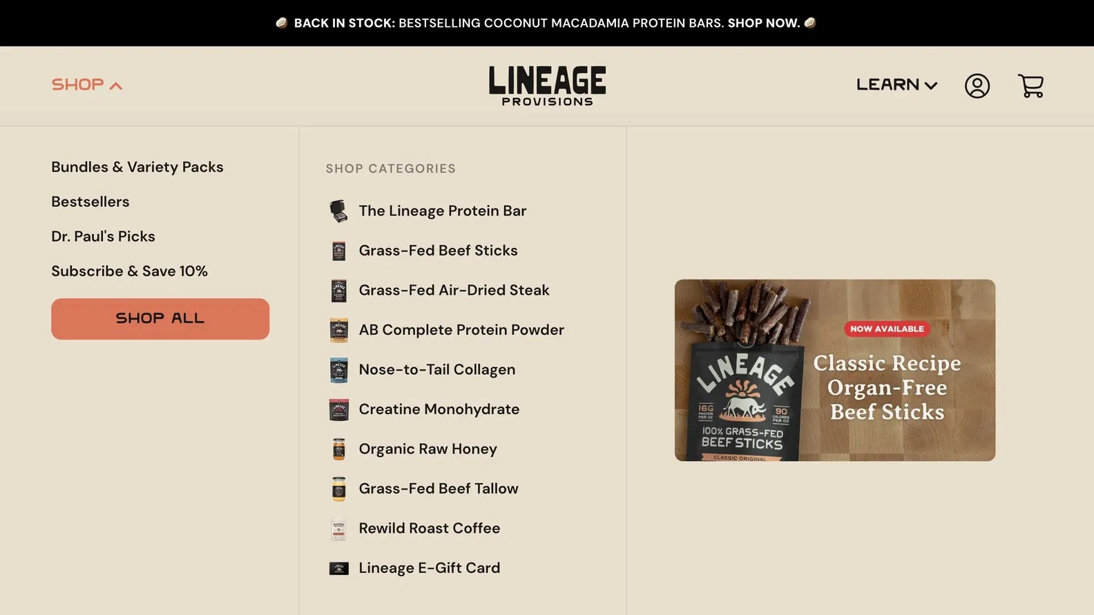 Lineage Shop menu open, with a pack shot for every category