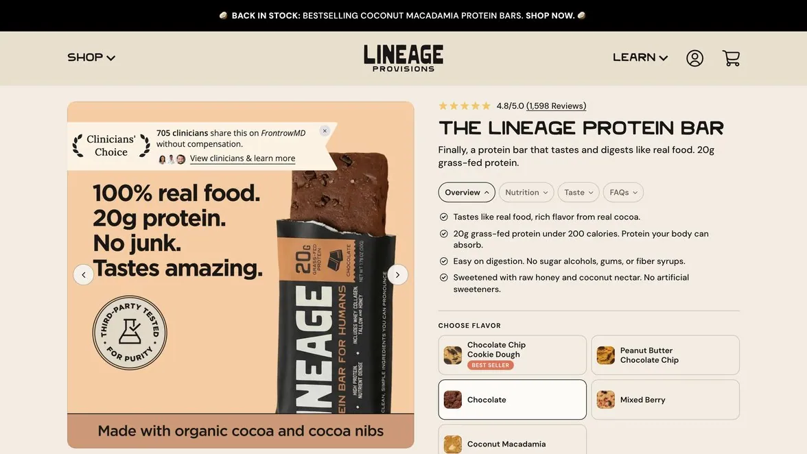 Lineage protein bar product page