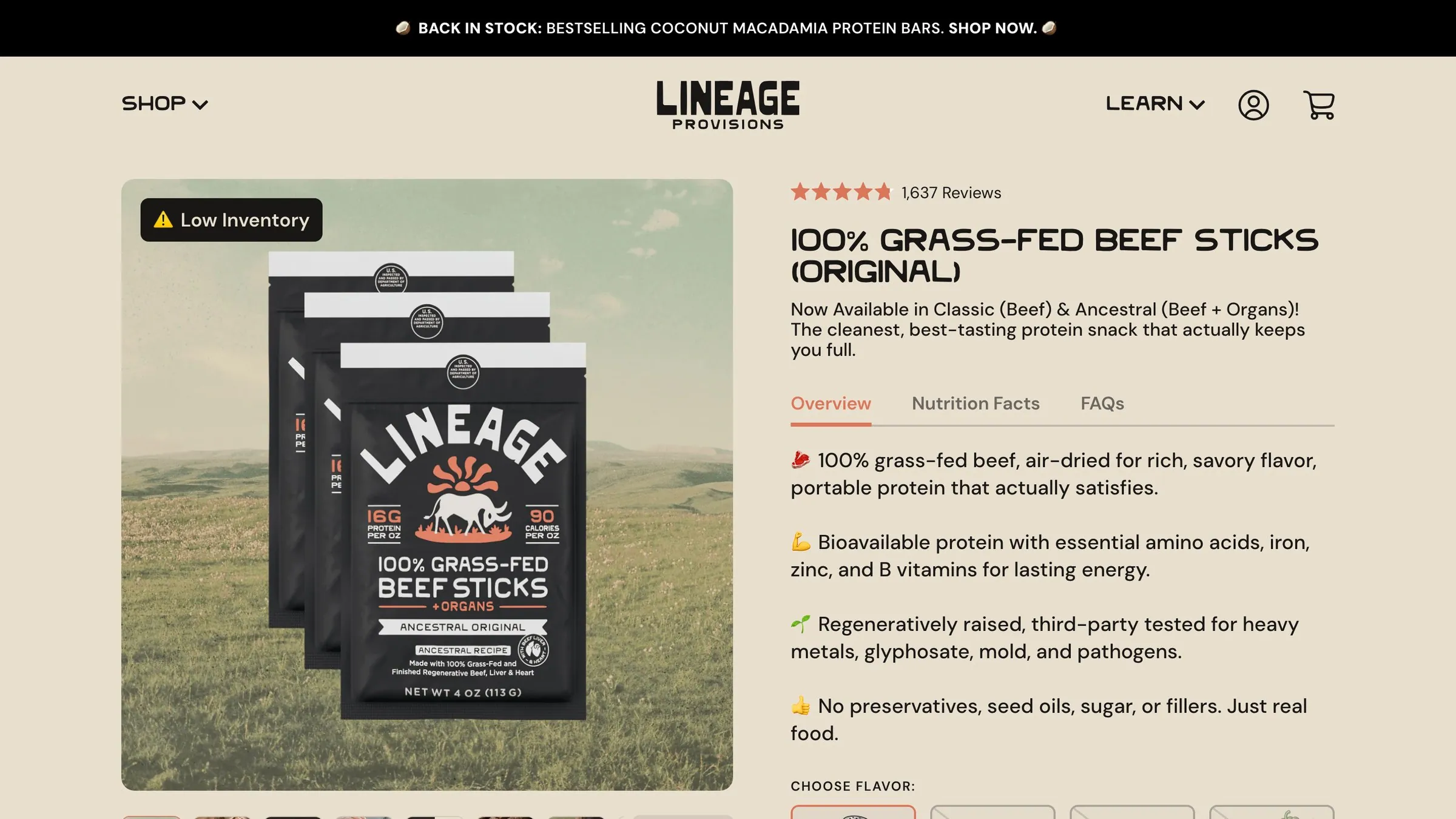 Lineage beef sticks product page with the Subscribe & Save buy box