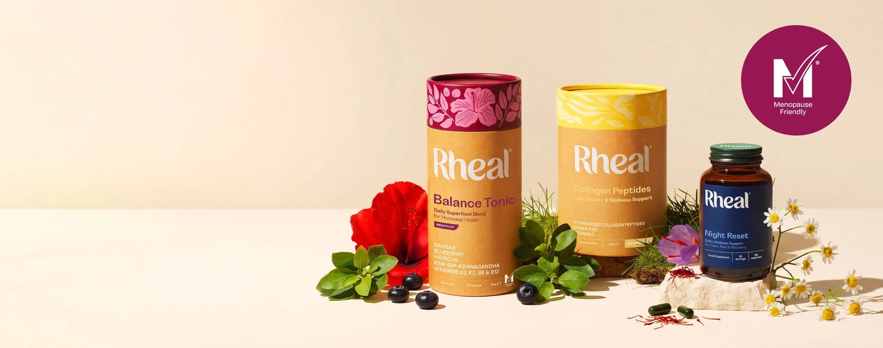 Rheal Superfoods tubs with flowers and fruit