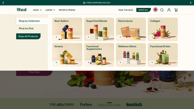 Rheal Shop menu open on Shop by Collection