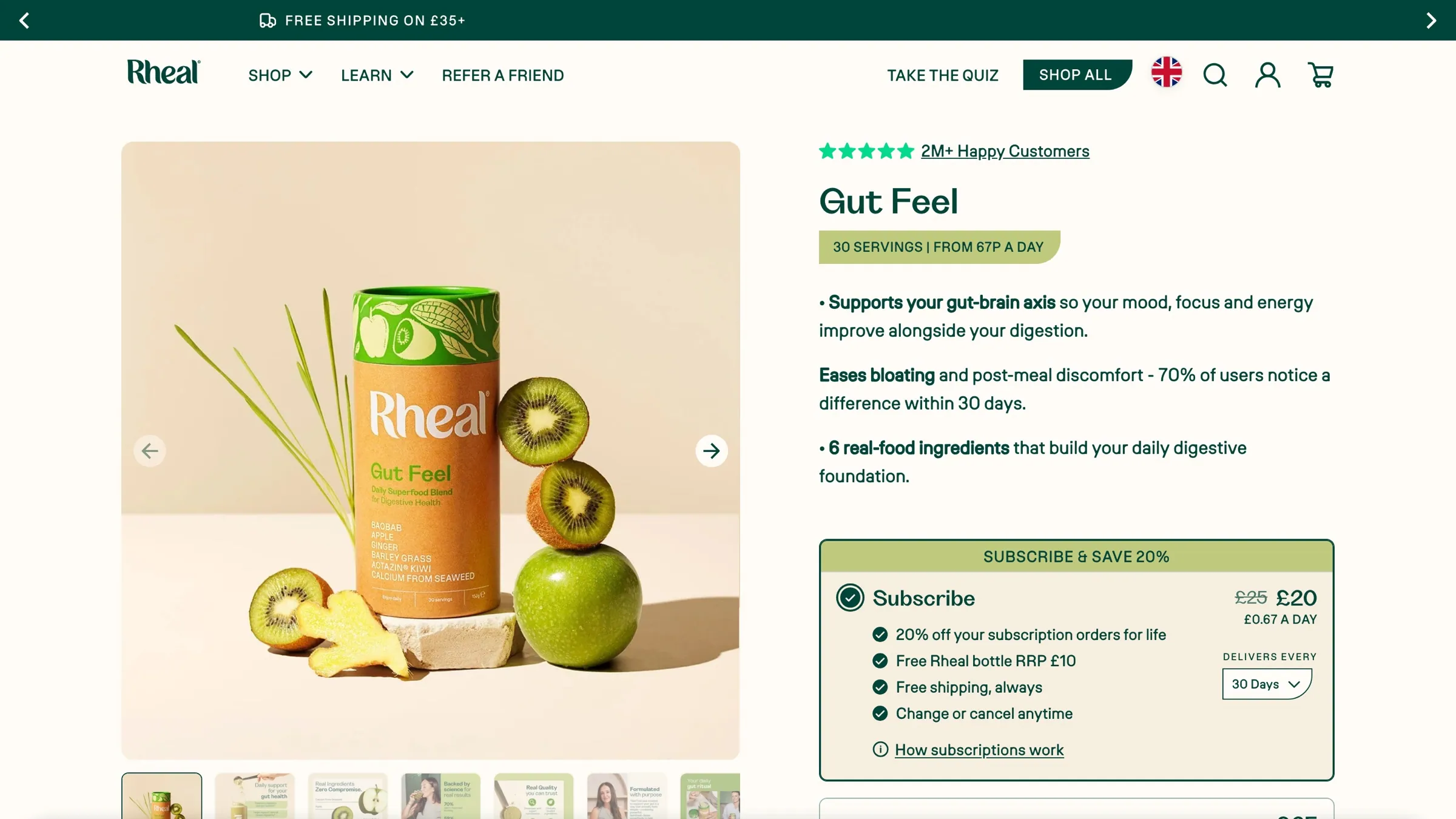 Rheal Gut Feel product page with subscribe and save