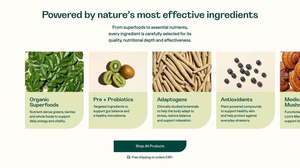 Powered by nature’s most effective ingredients, a row of ingredient photo cards