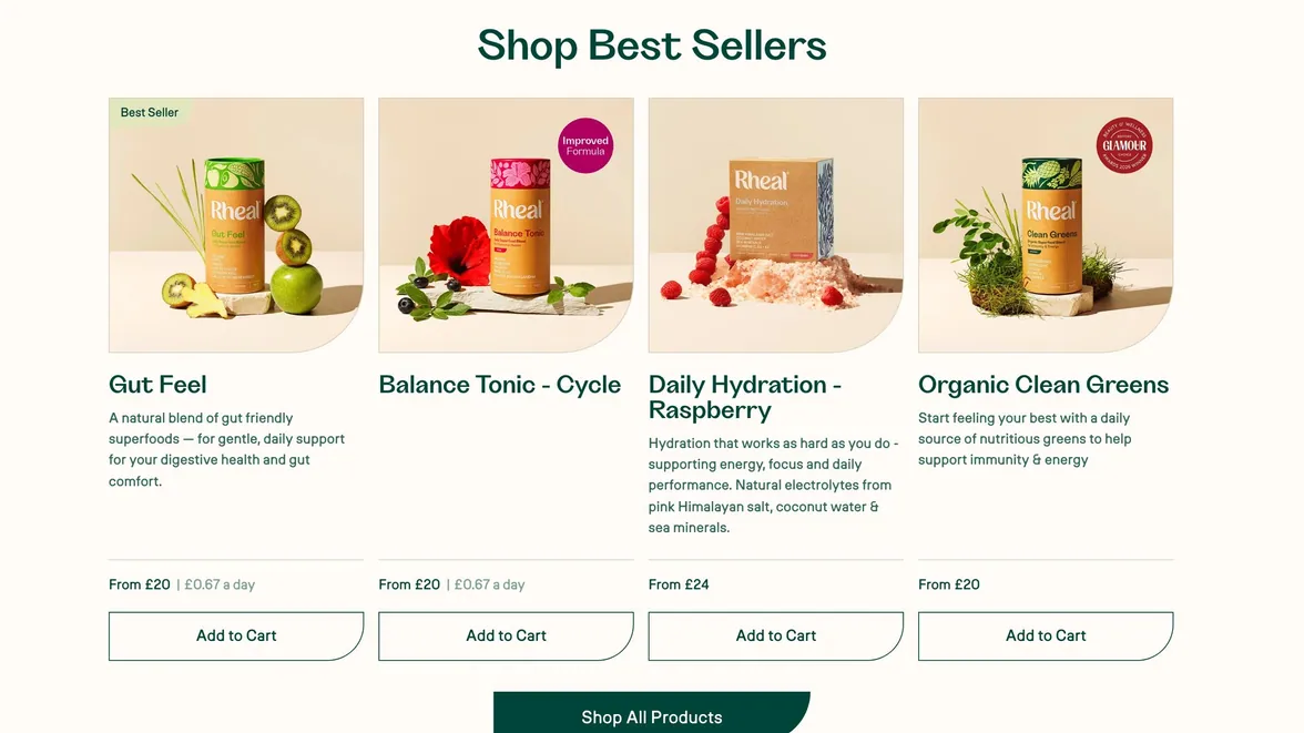 Shop Best Sellers row with four Rheal products