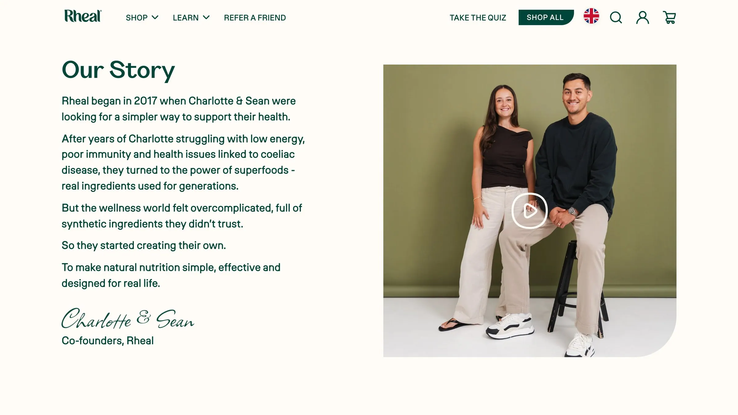 Rheal Our Story page with the founders’ story